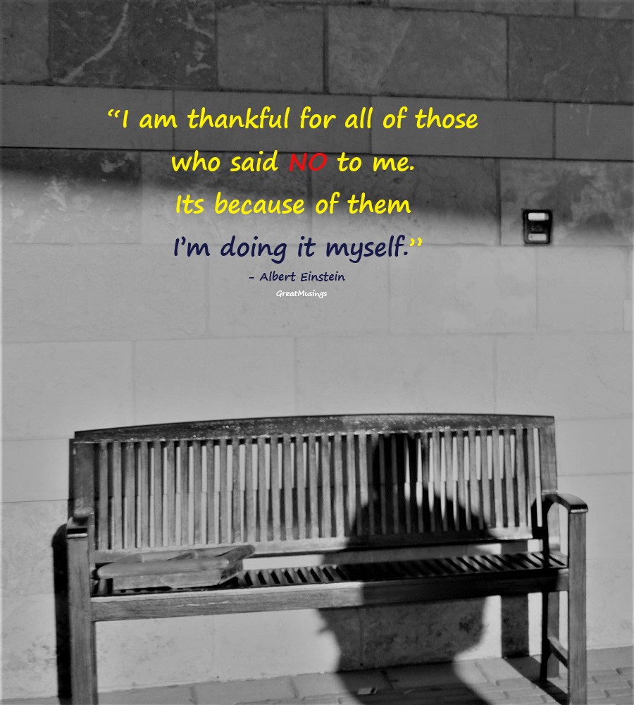 Albert Einstein inspiring quote on a picture with a bench and a shadow