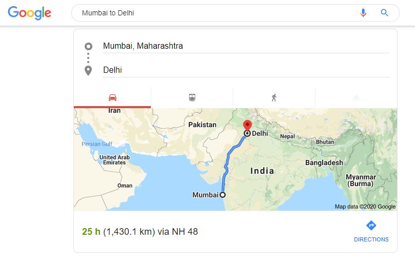 Distance between 2 places via Google Search Bar