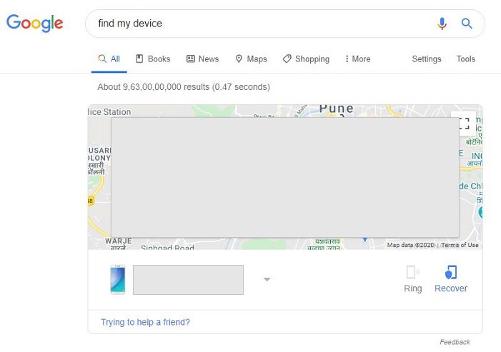 Find My device written in search bar