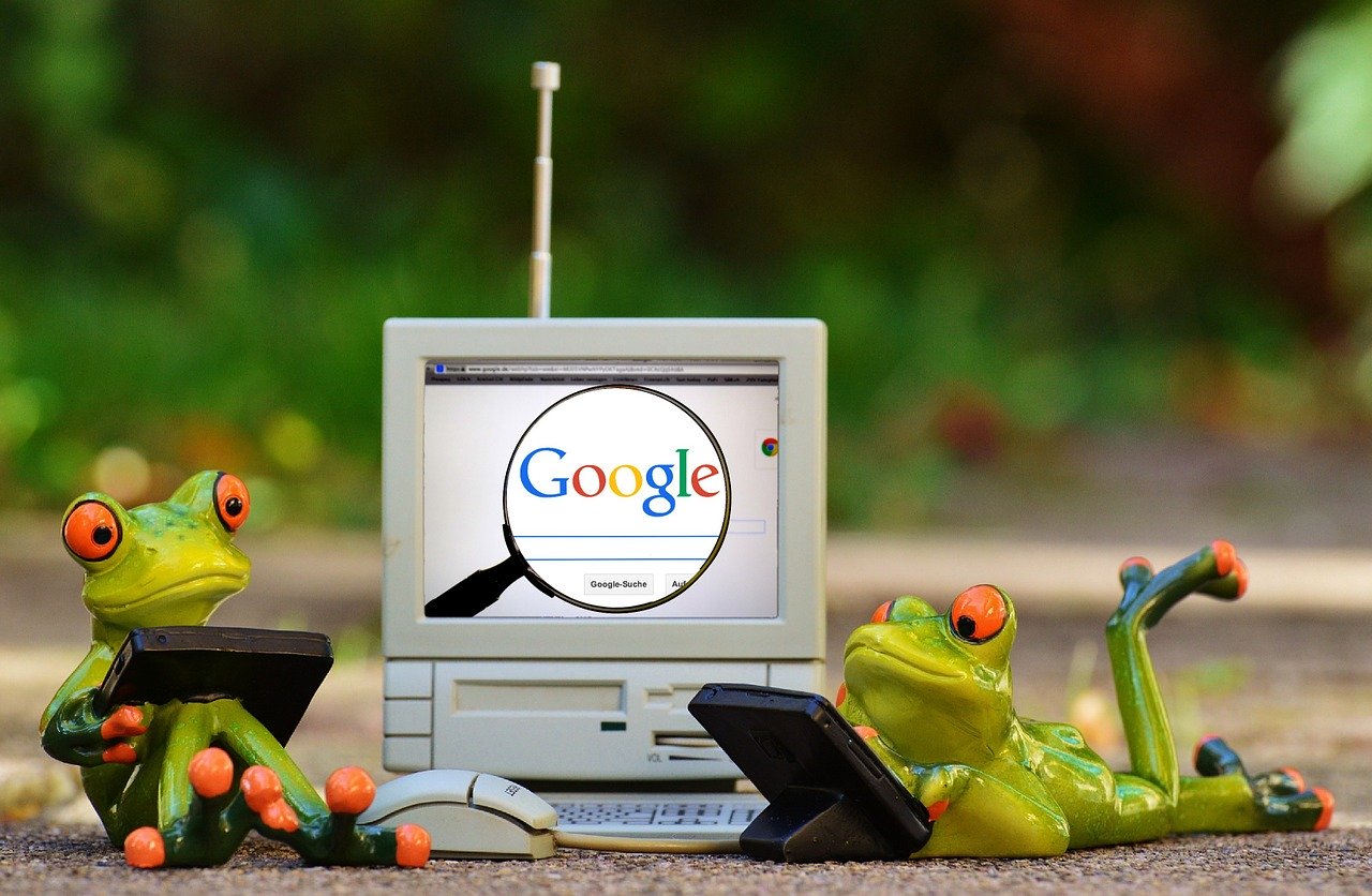 Pic showing Google search with frogs holding gadgets