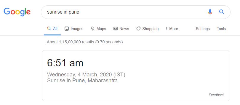 Sunrise and Sunset time in Google Search Bar