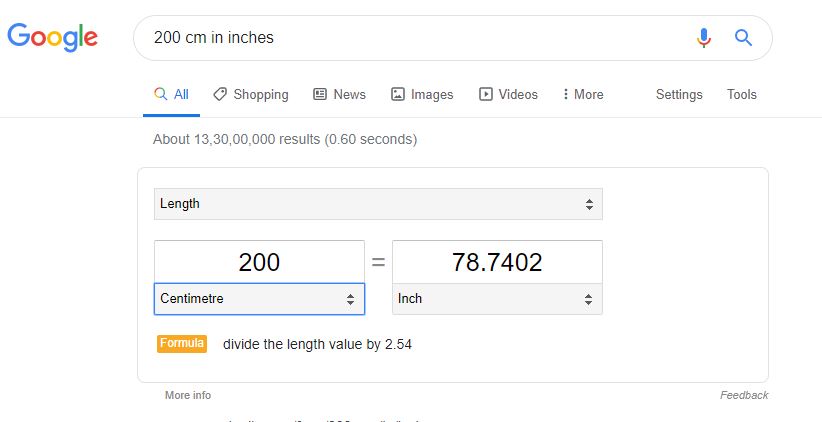 Unit Conversion in Google Search Bar