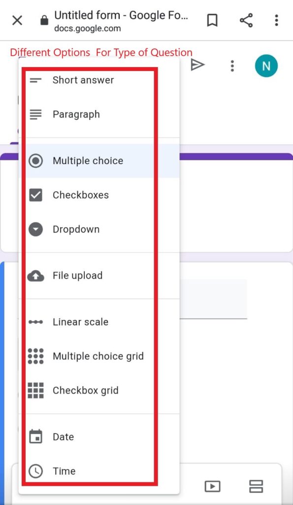 Screenshot of Types of Google Form