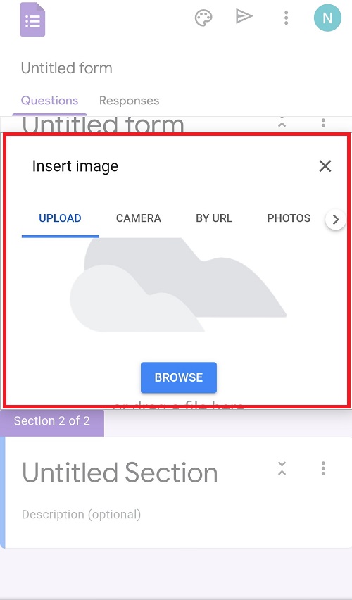 Screenshot to insert image in Google Forms