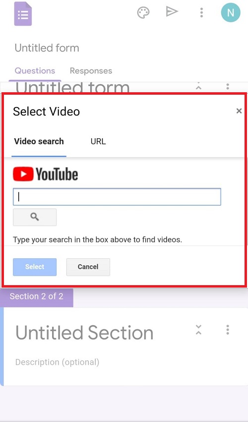 Screenshot of select video in Google Forms