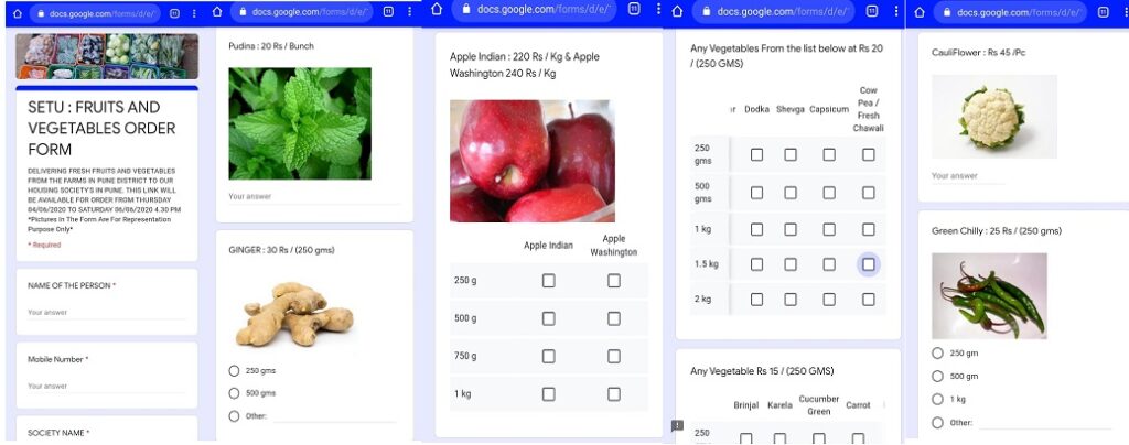 Screenshots of Google Forms as order form