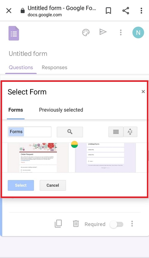 Screenshot to select form in Google Forms