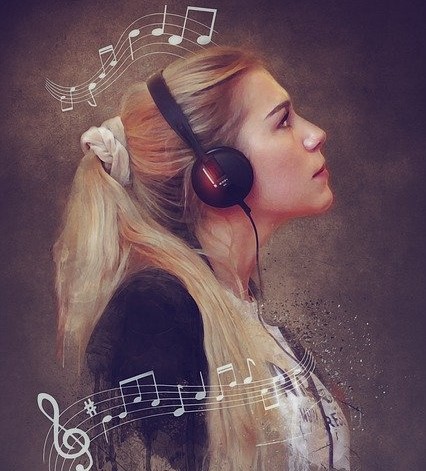 portrait of woman listening music, music as a therapy