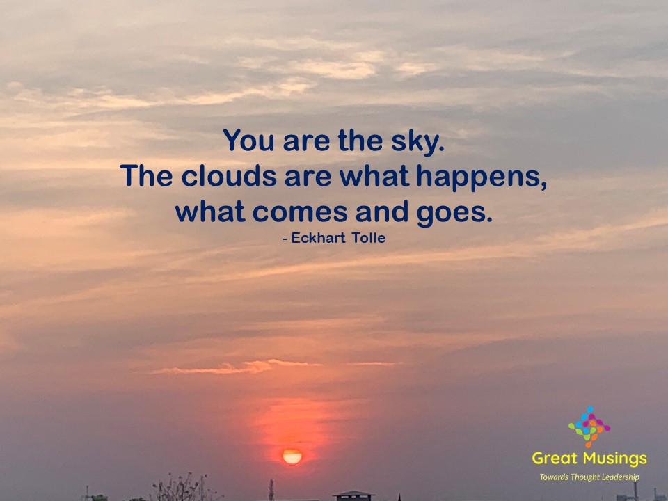 Eckhart Tolle Clouds Quotes on colorful cloudy pic with sun 
